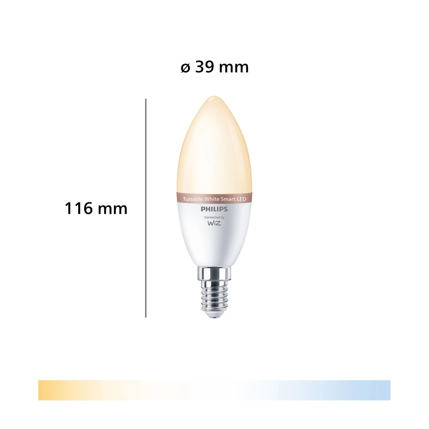 Philips Smart-LED-Leuchtmittel E14 Kerzenform, 116x39mm. Dimmbar, warm- bis kaltweiß für smarte Beleuchtung.