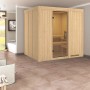 Karibu Sauna Stina mit Ofen und Glastür, Massivholzsauna für entspannende Saunaerlebnisse.