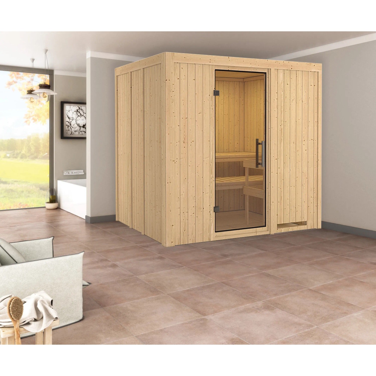 Karibu Sauna Stina mit Ofen und Glastür, Massivholzsauna für entspannende Saunaerlebnisse.