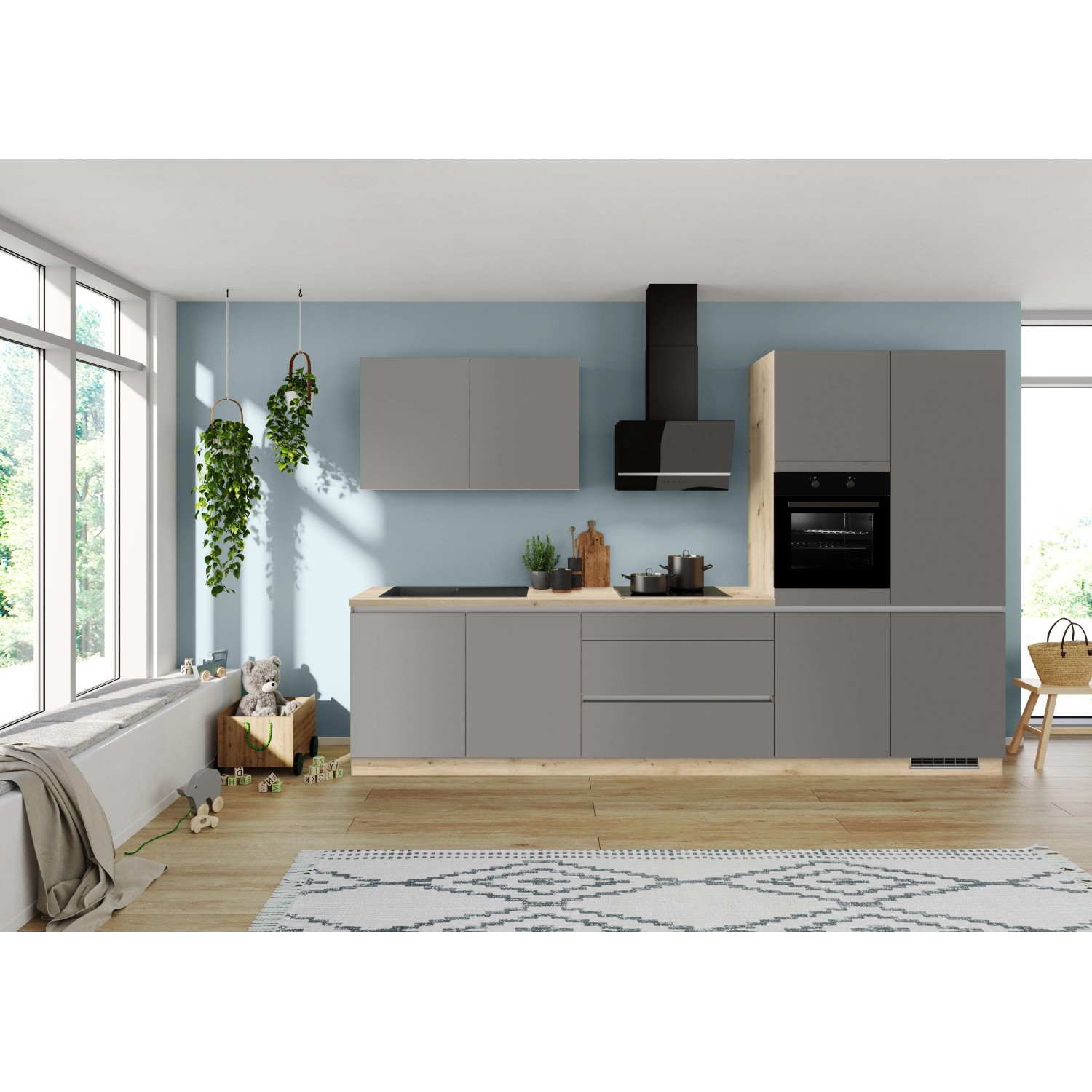 Impuls Küchen Küchenzeile IKC1340R5 340 cm Schiefergrau mit E-Geräten