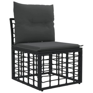 Schwarzes modulares Outdoor-Sofaelement aus Polyrattan mit dunkelgrauen Kissen. Wetterbeständige Gartenmöbel für flexible Gestaltung.