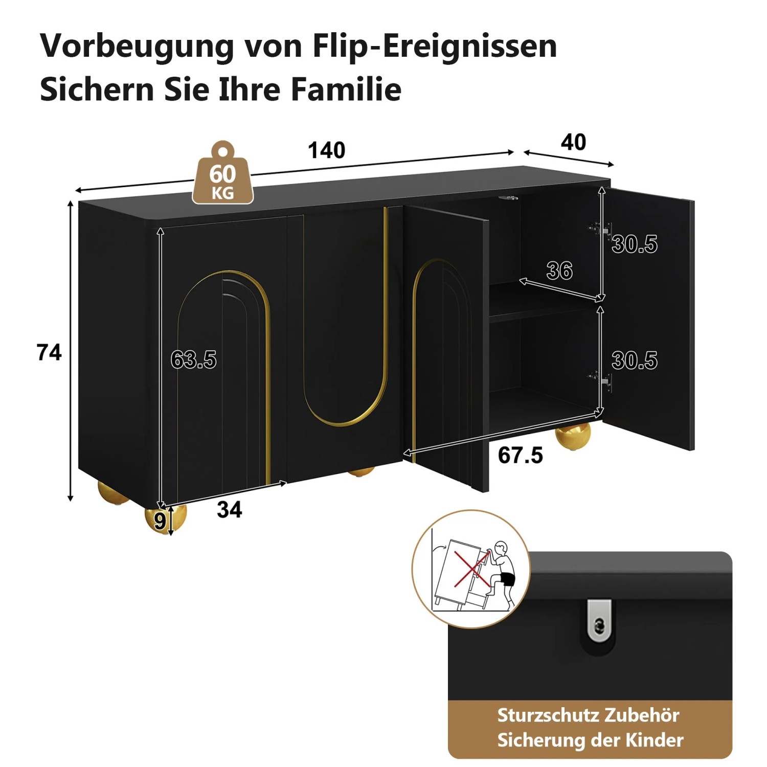 Schwarzes Merax Sideboard mit 4 Türen, goldenen Bogenlinien und Metallfüßen. Eleganter Wohnzimmerschrank mit Stauraum.