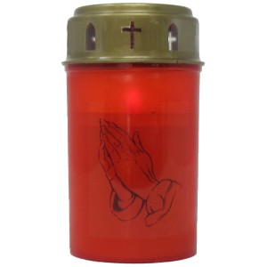 Rotes Moll LED Grablicht mit betenden Händen, 7,2x12cm. Batteriebetriebene Grabkerze.