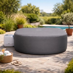 Graue, eckige Bestway LAY Z SPA Thermo Abdeckung auf Terrasse. Schützt den Whirlpool vor Schmutz und hält das Wasser warm.