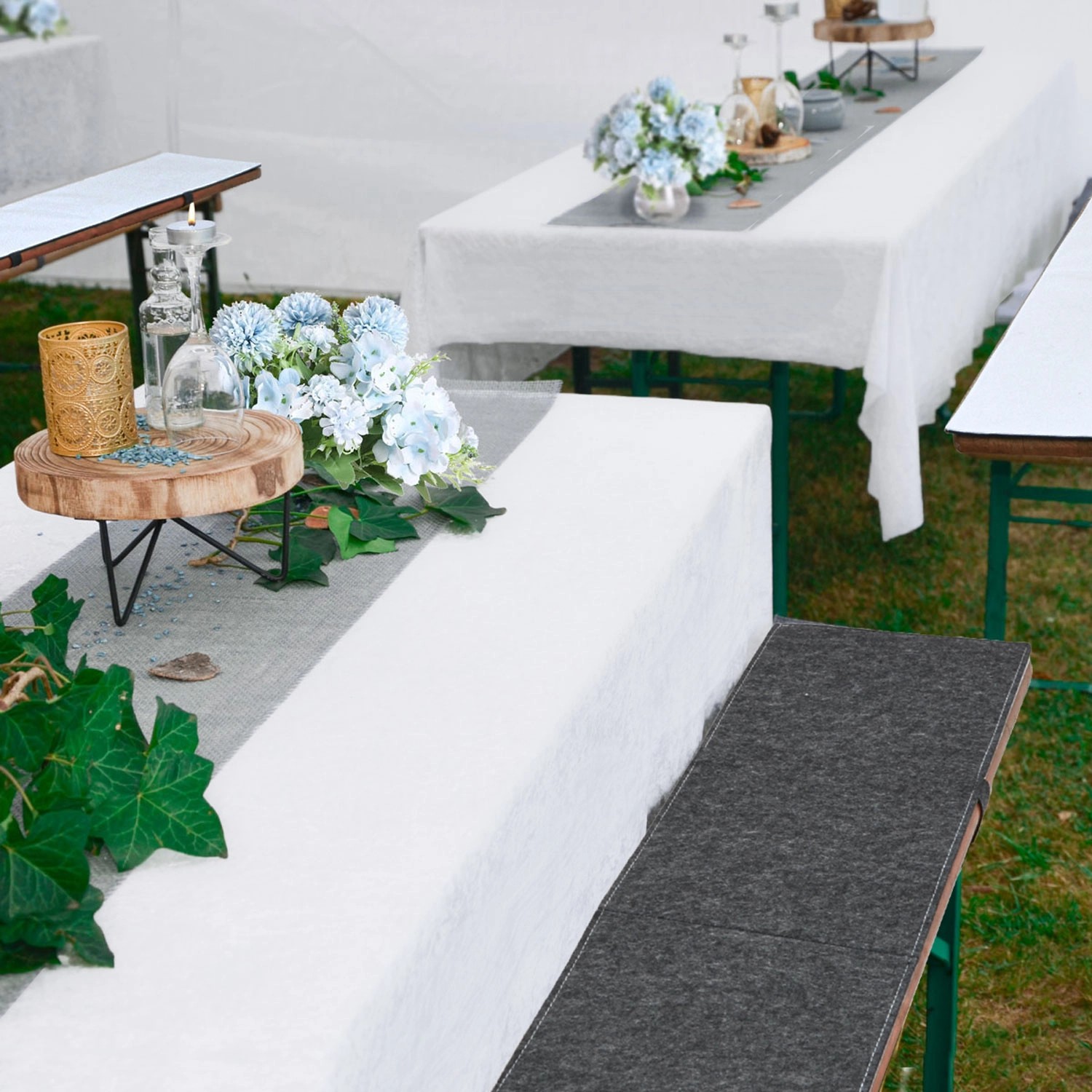 DuneDesign Bierbank Polster, 2er Set, anthrazit/weiß, 180x28cm, Filz Sitzkissen für Bierzeltgarnitur.