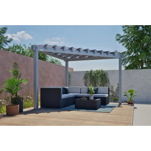 Sojag Pavillon Lima 1010, lichtgraue Terrassenüberdachung mit Lounge-Möbeln im Garten.