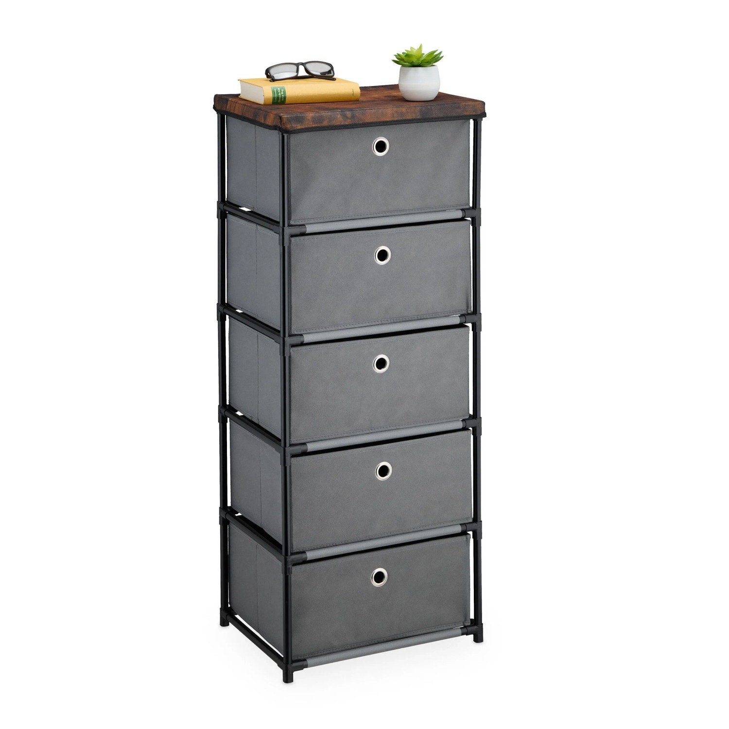 Relaxdays Kommode Stahl Grau Mit Stoffschubladen 5 Fächer 105 Cm X 43 Cm X 33 Cm