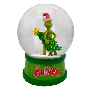 Dr. Seuss Schneekugel The Grinch mit Weihnachtsbaum, 11 cm. Grüne Figur mit roter Mütze hält geschmückten Baum.
