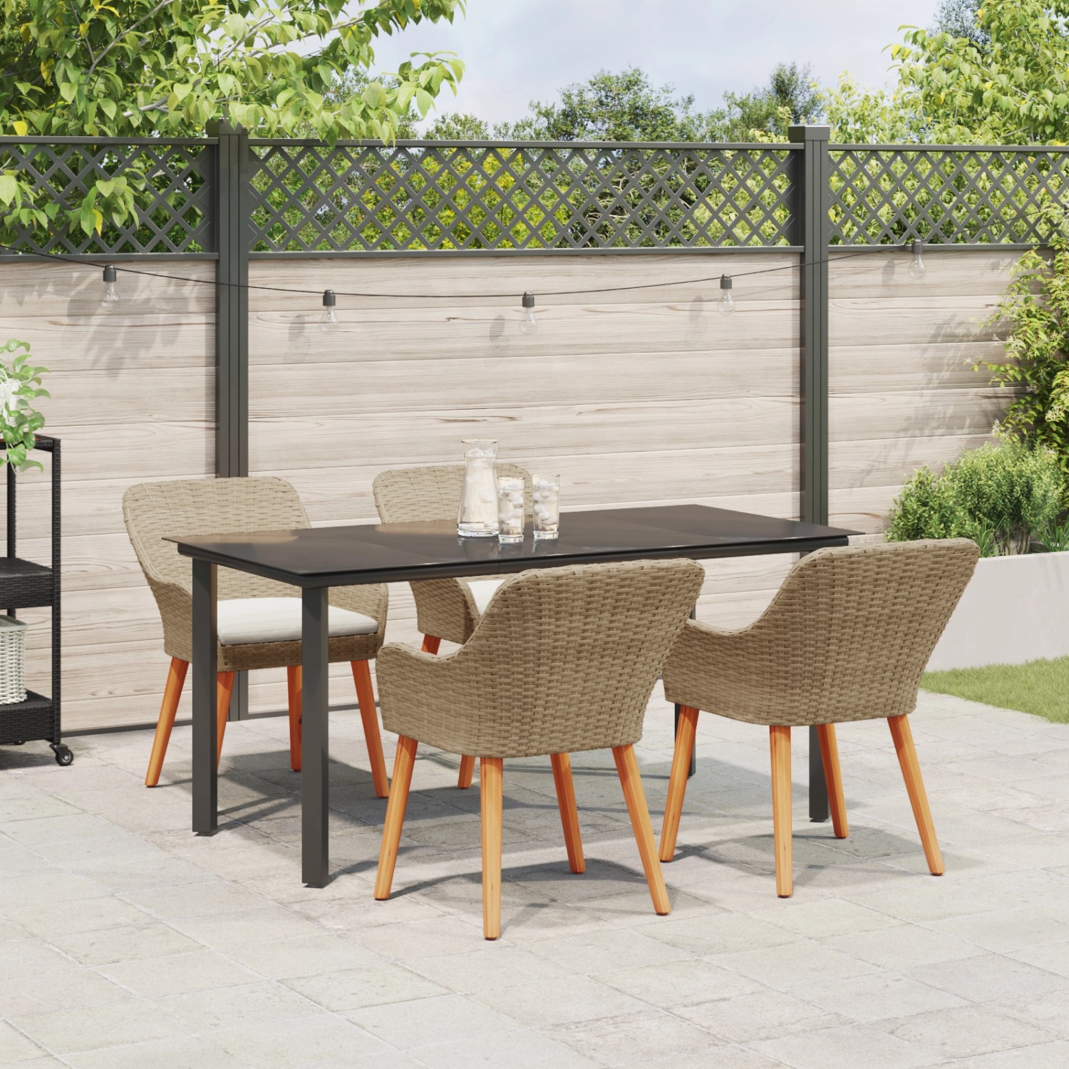 Beige vidaXL Garten Essgruppe mit Tisch und vier Rattan Stühlen.