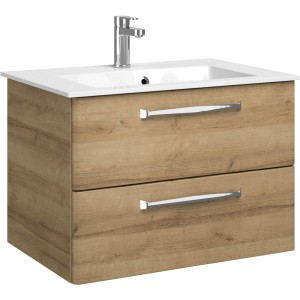 Pelipal Waschbeckenunterschrank Trentino in Riviera Eiche mit zwei Schubladen und Aufsatzwaschbecken.