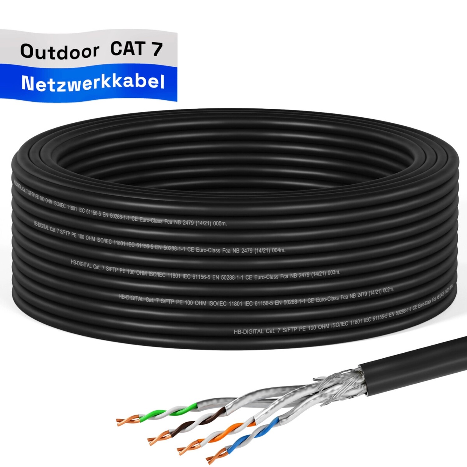 hb-digital CAT 7 Kabel für Außenbereich LAN Datenkabel max. 1000 MHz S/FTP PE AWG23 15m schwarz