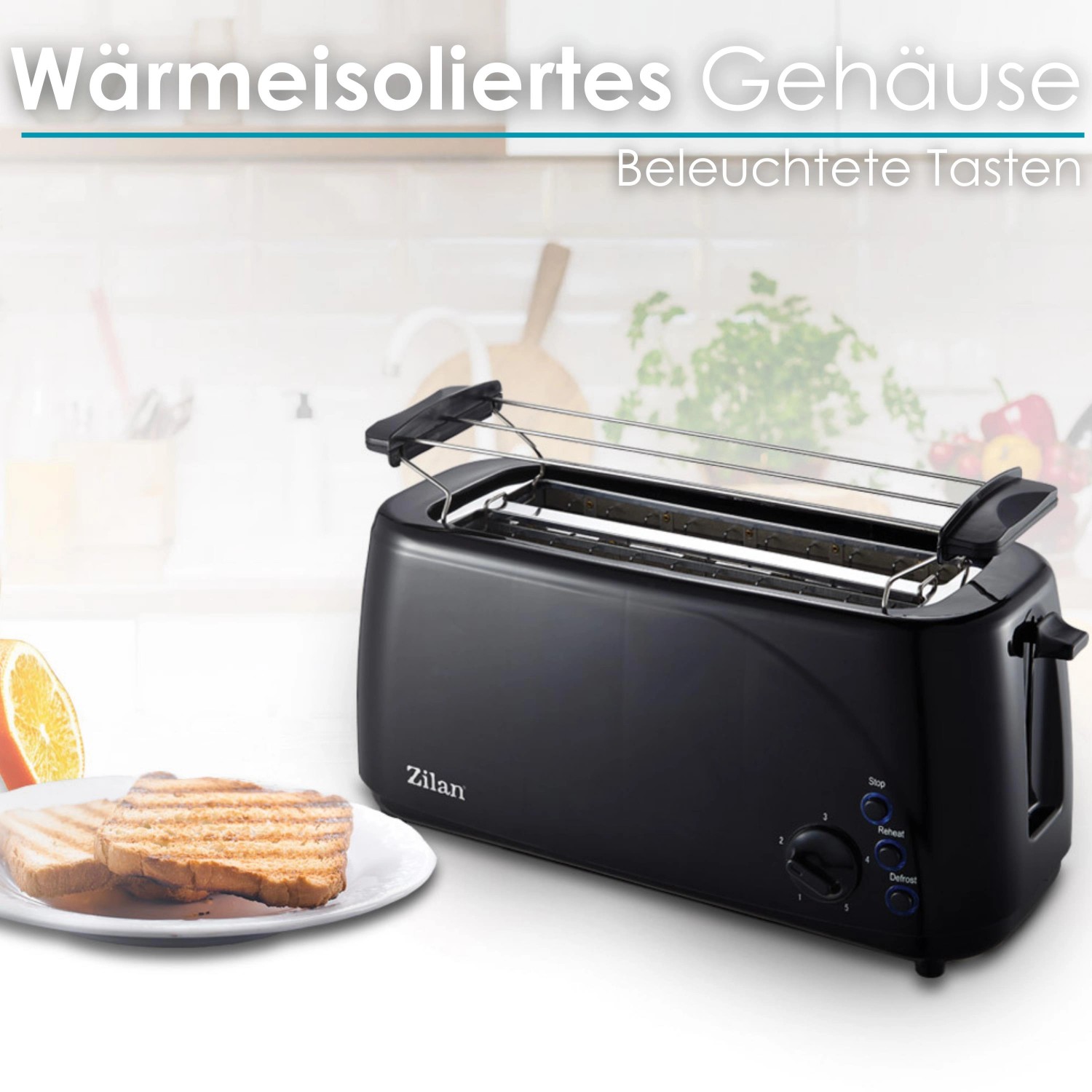 Schwarzer Zilan Langschlitztoaster XXL (4 Scheiben) mit Brötchenaufsatz und Toast.