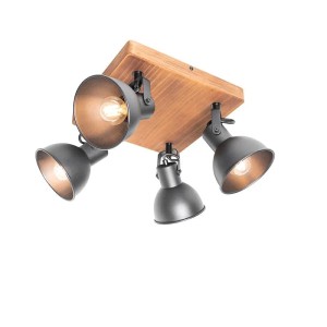 QAZQA Tommy: Industrie Spot mit 4 schwarzen, neigbaren Lampen an Holzplatte. Ideal als Lampe & Leuchte.
