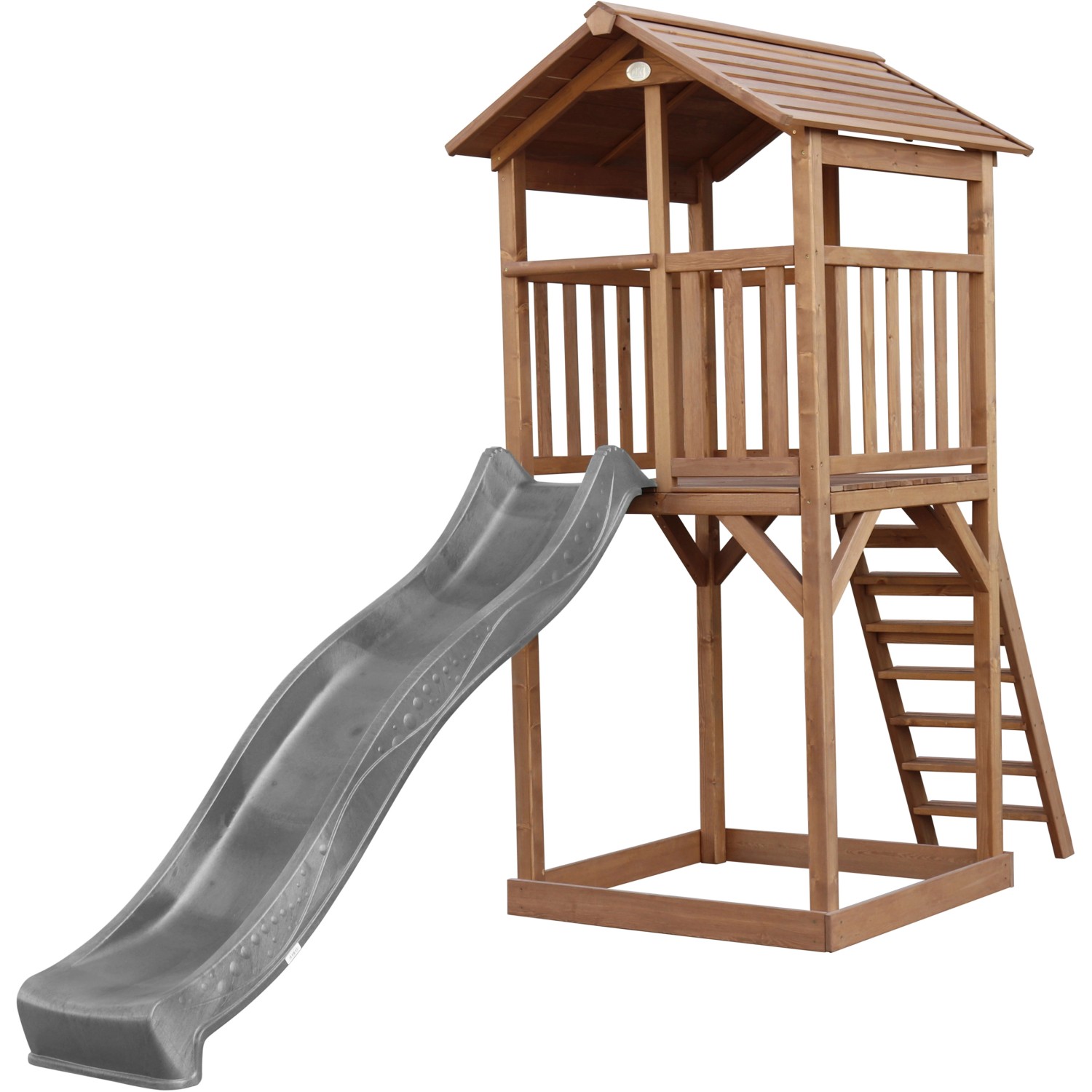 Axi Beach Tower Spielturm mit grauer Rutsche, aus Holz mit Leiter zum Turm.