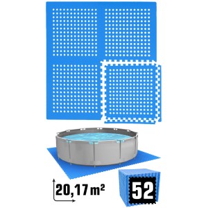 Blaue eyepower EVA Poolunterlage aus 52 Puzzlematten, 1cm dick, unter einem runden Pool. Schutz für 366 cm Pools.