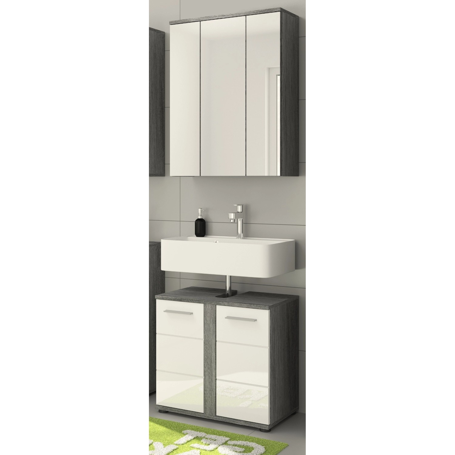 Inn.Furn Badmöbel-Set Weiß Hochglanz Grau 2-teilig 60 cm 11 Fächer Bailey günstig online kaufen