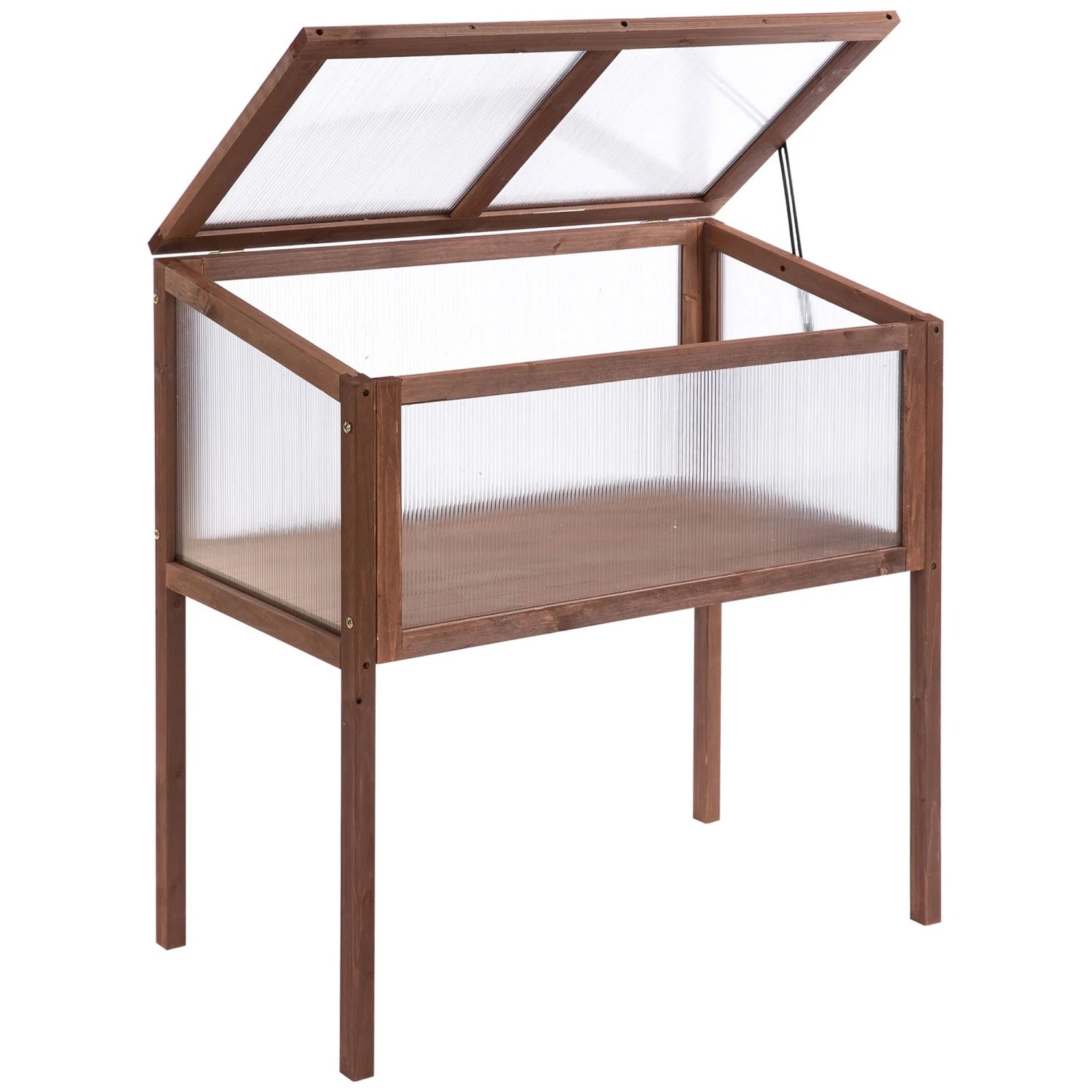 Outsunny Hochbeet aus braunem Tannenholz mit transparenter PC-Platte, Deckel offen. Ideal als Frühbeet.