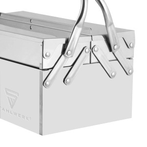 STAHLWERK Werkzeugkasten aus Edelstahl mit 3 Fächern, geschlossen. Werkzeugschrank für Werkstatt und Handwerk.