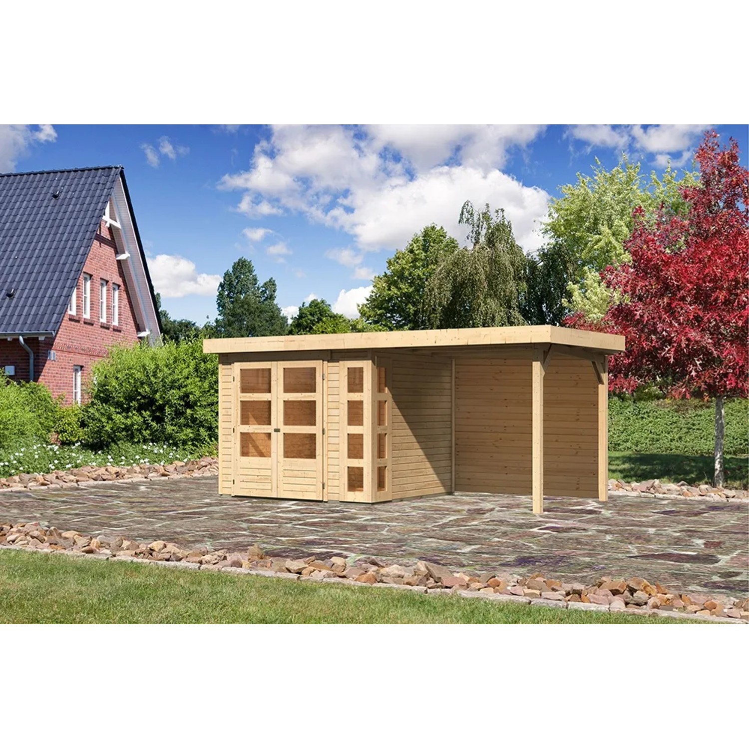 Karibu Holz-Gartenhaus Sölve mit Flachdach und Anbau, unbehandelt.