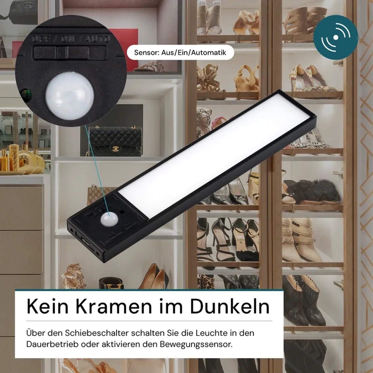 Schwarze LUXULA LED Unterbauleuchte mit Akku, dimmbar und mit Bewegungsmelder im Schrank.
