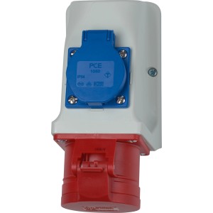 CEE Kombi-Wandsteckdose, 5-polig, IP44, 16A, rot-grau-blau. Steckdose für Wandmontage, spritzwassergeschützt.