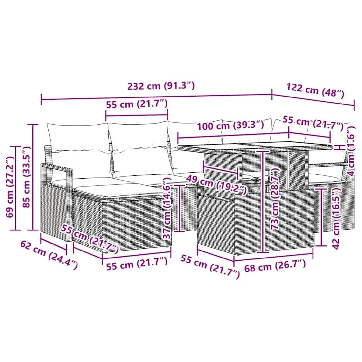 Hellgraues 7-tlg. vidaXL Garten-Sofa-Set aus Polyrattan mit Tisch und Auflagen, Maße siehe Abbildung.