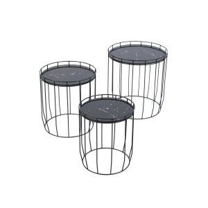 Svita Pasi 3er Set Beistelltische/Couchtische, rund, schwarz, Marmor-Optik.