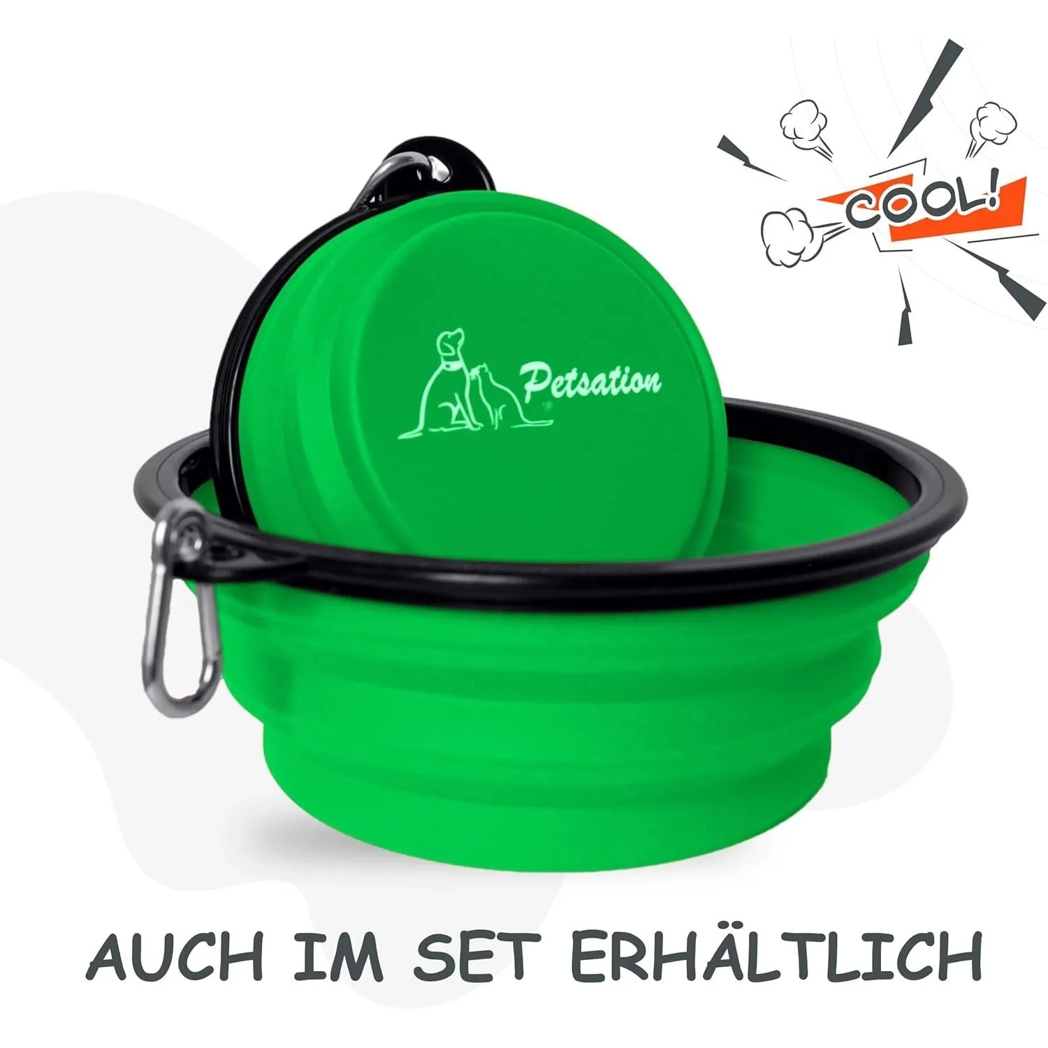 Grüner, faltbarer Petsation Reisenapf (350+1000ml) für Hunde, ideal für unterwegs.