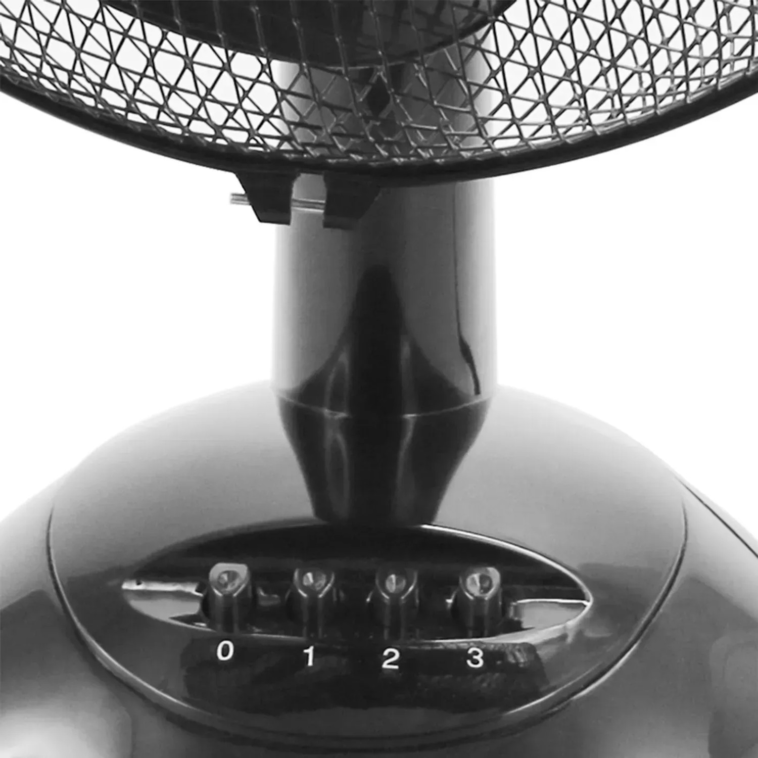 Detailaufnahme: Schwarzer Emerio Tischventilator (23 cm) mit Geschwindigkeitsregler.