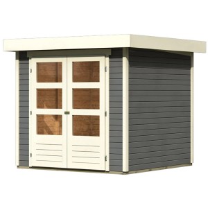 Karibu Express Gartenhaus Speedy A, terragrau, mit Doppeltür und Flachdach.
