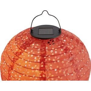 Rote Solar-Dekoleuchte Pellaro in Lampion-Form, Ø 25 cm, mit Solarpanel und Tragebügel.