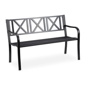 Schwarze Stahl Gartenbank Zweisitzer mit Lattenrost und gekreuzter Rückenlehne. Ideal für Balkon & Terrasse.