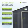 Detailansicht: Anthrazitfarbener Juskys Metall Geräteschuppen XL mit Satteldach. Gartenhaus mit Doppelschiebetür und Belüftung.
