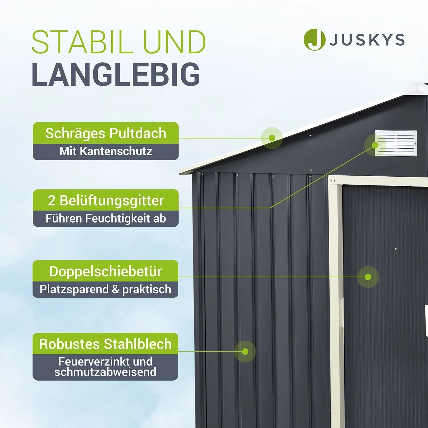 Detailansicht: Anthrazitfarbener Juskys Metall Geräteschuppen XL mit Satteldach. Gartenhaus mit Doppelschiebetür und Belüftung.