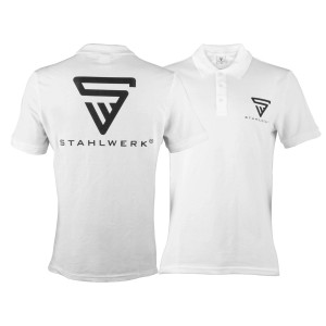 Weißes STAHLWERK Polo-Shirt, Größe XXL, mit Logo-Print. Arbeitskleidung aus 100% Baumwolle.