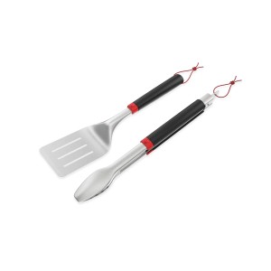 Weber Grillbesteck-Set, 2-teilig: Wender und Grillzange aus Edelstahl mit schwarzen Griffen.