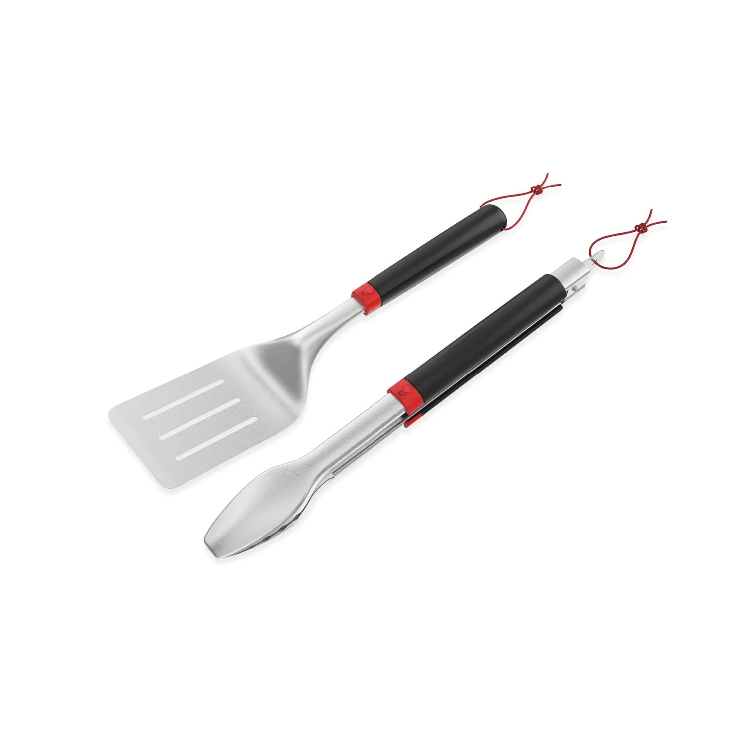 Weber Grillbesteck-Set, 2-teilig: Wender und Grillzange aus Edelstahl mit schwarzen Griffen.