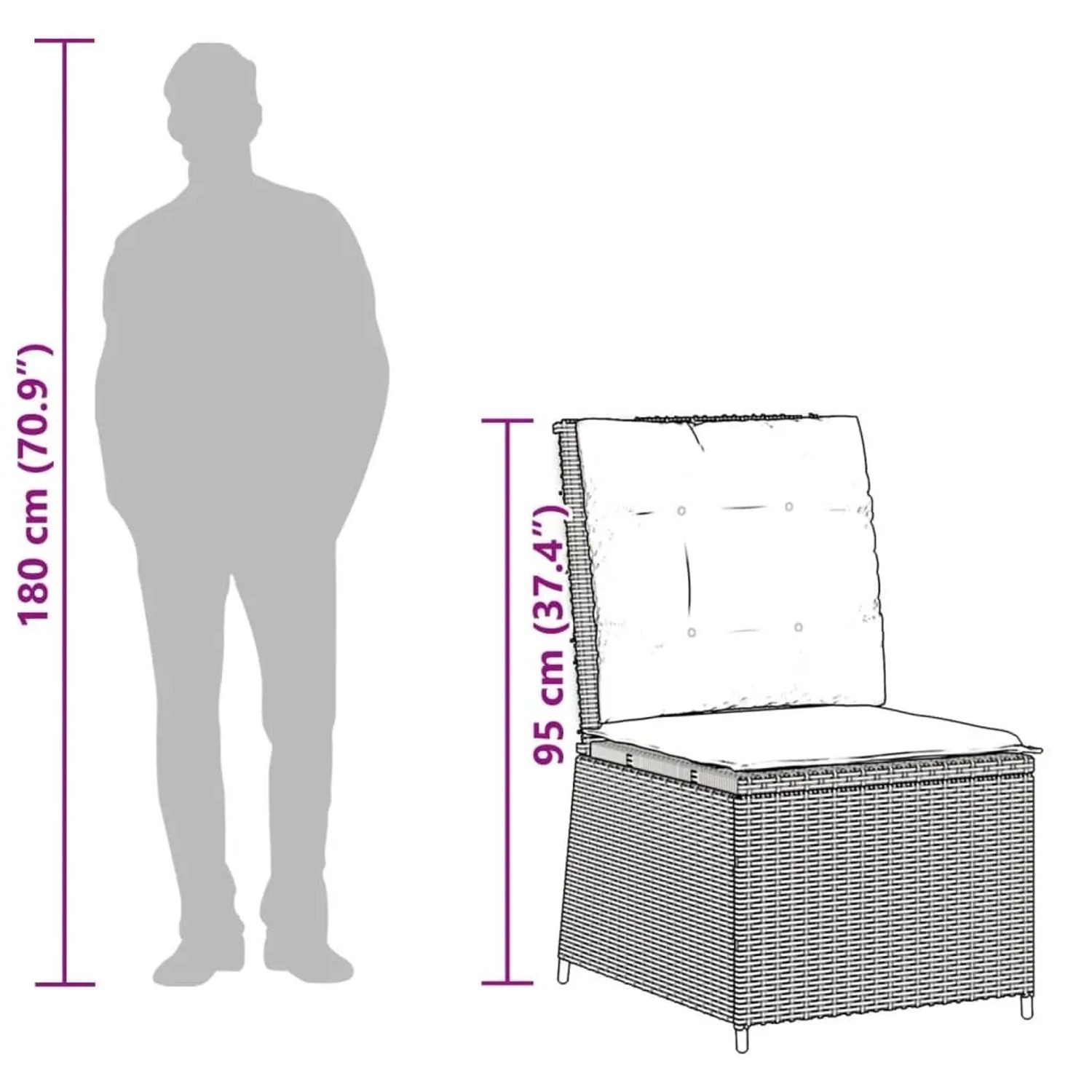 Brauner vidaXL Gartensessel aus Poly Rattan mit Kissen, 95 cm hoch. Größenvergleich für Gartenstuhl.