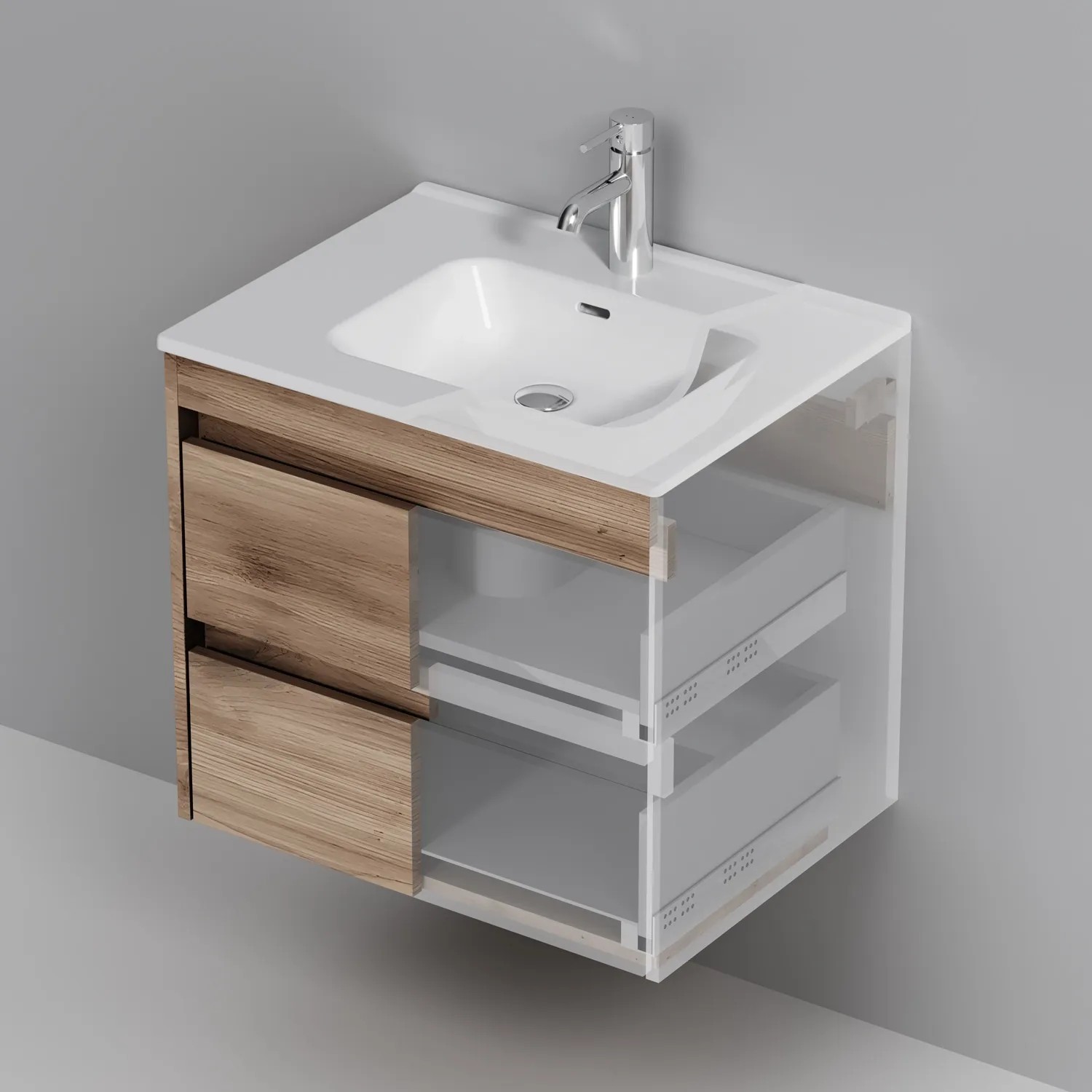 Wandhängender Waschtischunterschrank Spike 60 cm Eichenfarbe mit weißem Becken. Zwei Schubladen, Innenleben sichtbar.