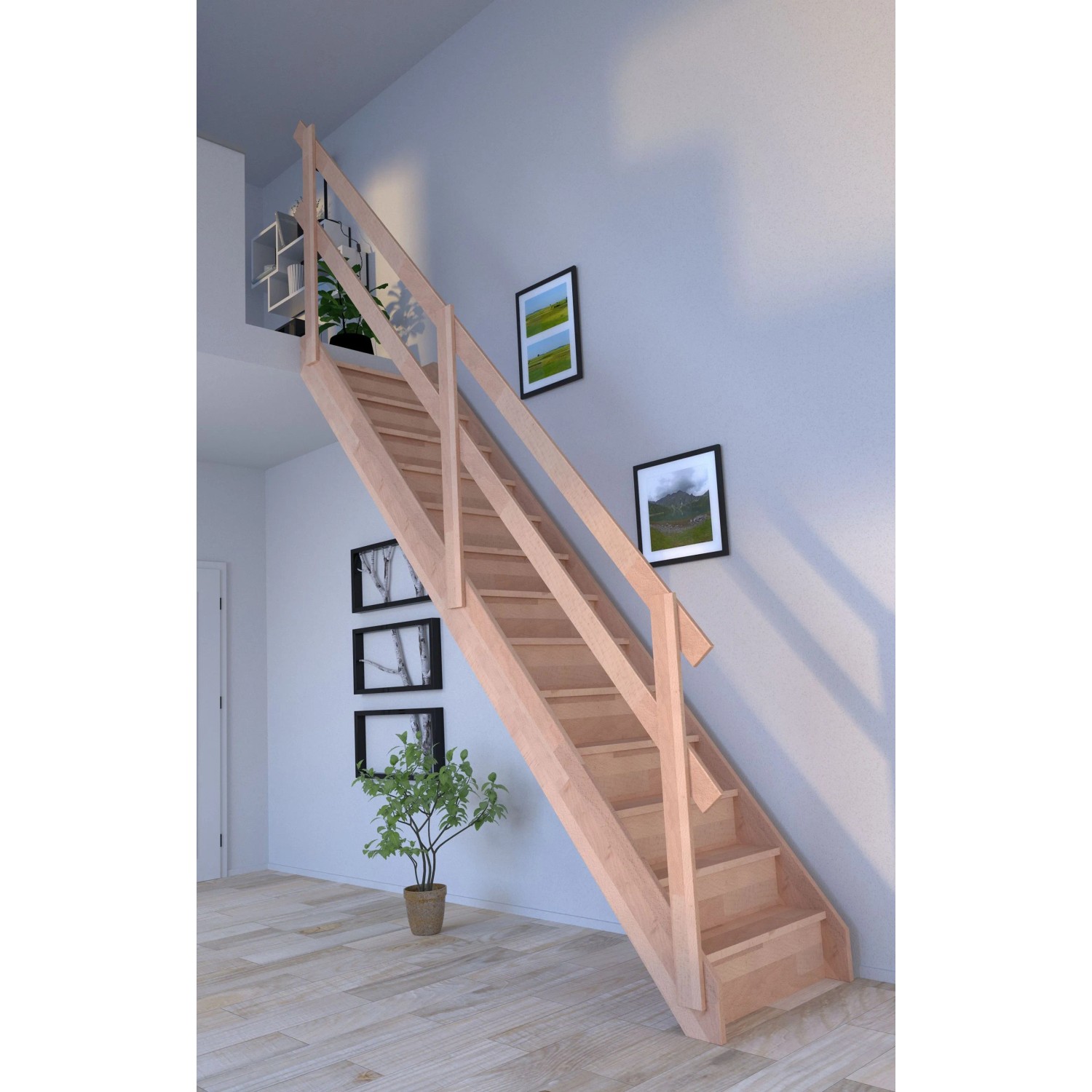StarWood Treppe Rhodos Buche, gerade, mit Holzgeländer und Setzstufen.