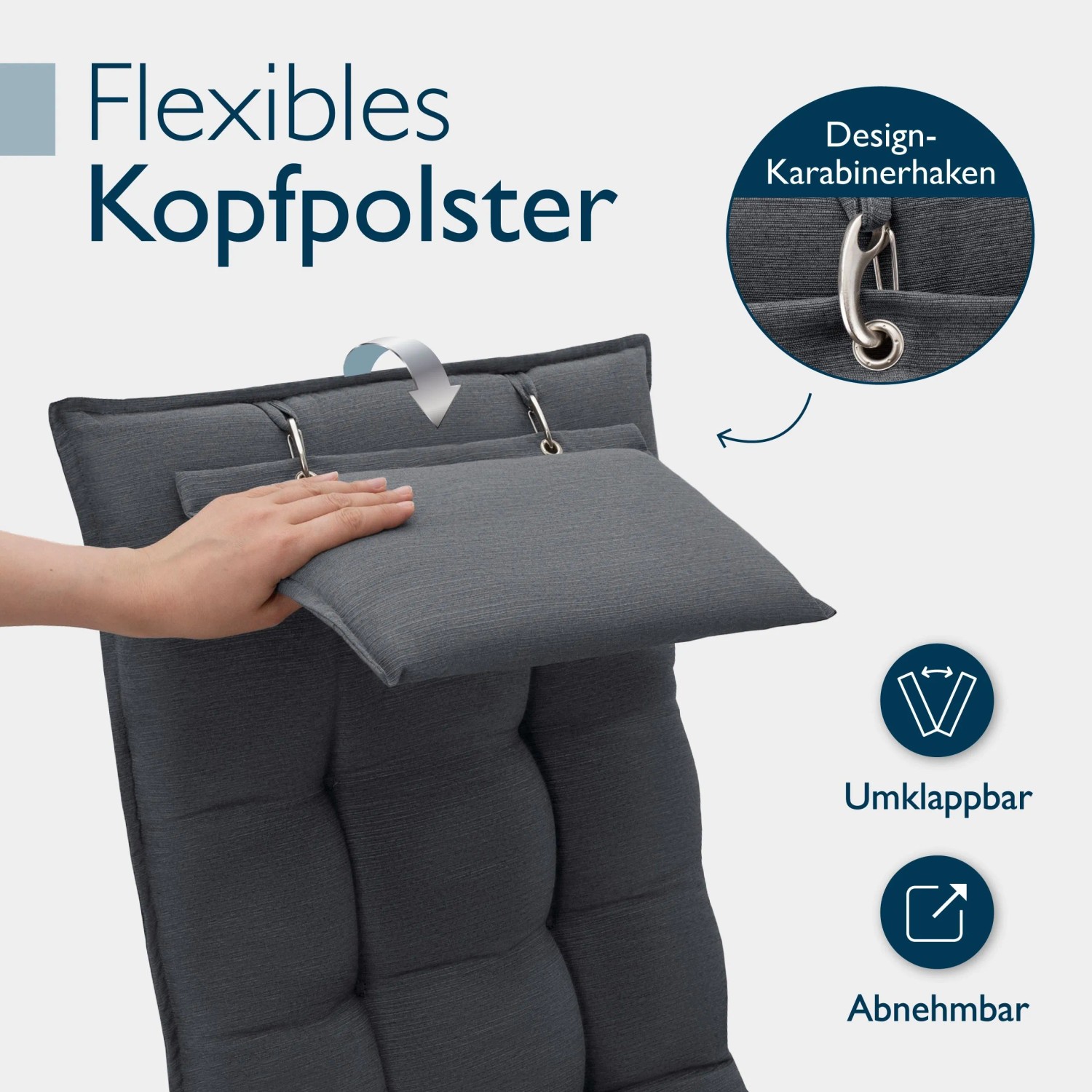 Anthrazit Hochlehner Auflage mit flexiblem, abnehmbarem Kopfpolster. Karabinerhaken für Gartenstuhl-Sitzkissen.