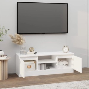 Weißer TV-Schrank mit Tür, 102x30x36 cm, mit Fächern und Ablagen.