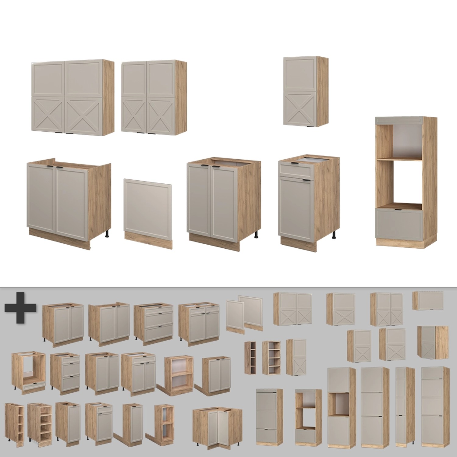 Vicco Fame-Line Küchenzeile 300cm in GrauBeige/Goldkraft Eiche, verschiedene Module.