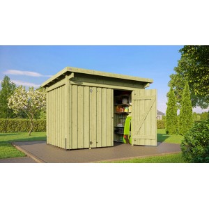 WEKA Holz-Lagerhaus Varius, kesseldruckimprägniert, mit geöffneter Tür und Regalen im Inneren.