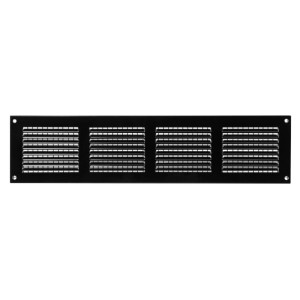 Schwarzes Aluminium Lüftungsgitter 400x100 mm mit Lamellen und Fliegengitter für Abluft.
