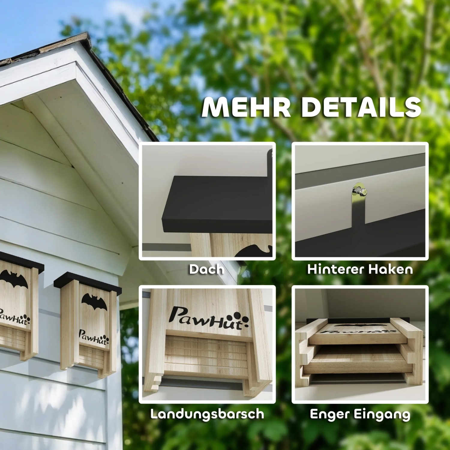 PawHut Fledermauskasten aus Tannenholz, Details zu Dach, Haken, Landebereich und Eingang.