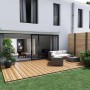 Lindby Gracelle LED Bodeneinbauleuchten (3er-Set) in Alu auf Holzterrasse im Garten.