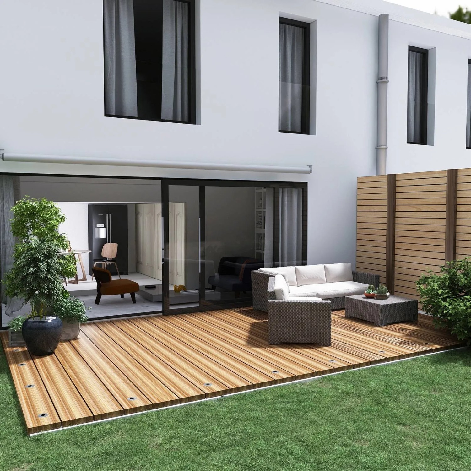 Lindby Gracelle LED Bodeneinbauleuchten (3er-Set) in Alu auf Holzterrasse im Garten.