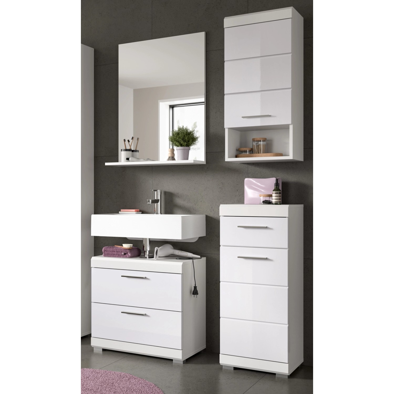 Inn.Furn Badmöbel-Set in Weiß Hochglanz 4-teilig mit Stauraum Shawn günstig online kaufen