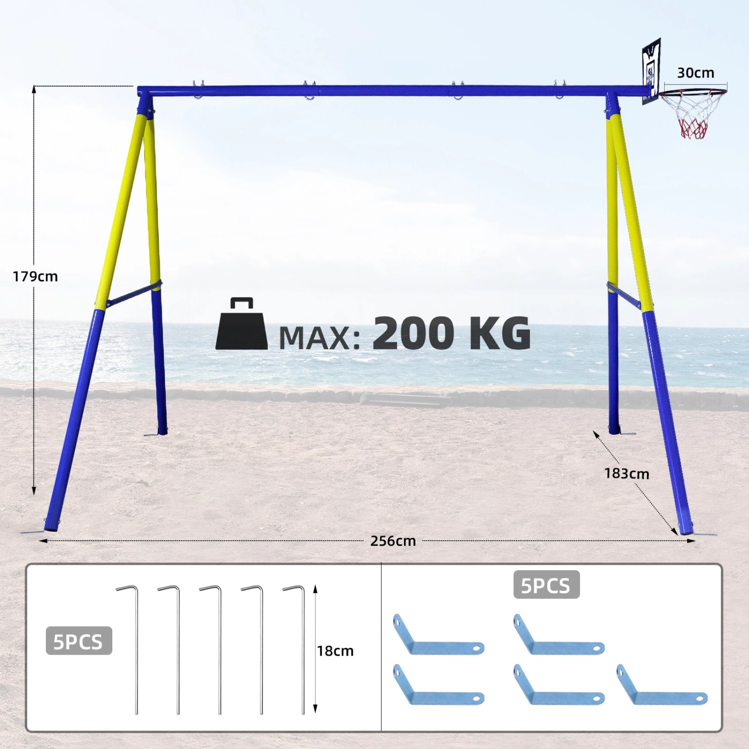 CCLIFE Schaukelgestell für Kinder, blau-gelb, mit Basketballkorb, max. 200 kg.